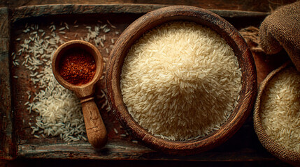 Aromatic Rice Delight: Captivating a still life composition that highlights the delicate beauty and culinary versatility of rice, inviting a closer look at its texture and form.