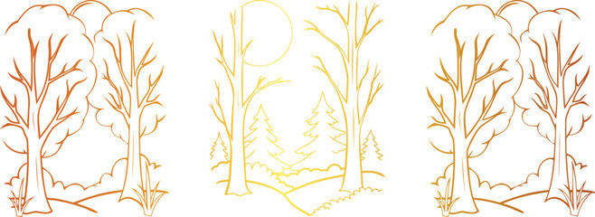 Golden Botanical Forest Line Art Vector Design | Elegant Nature-Inspired Outline Illustration