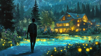 Tranquil Night Walk Through a Luminous Pathway Surrounded by Nature, With a Cozy Cabin and Starry Sky in the Background