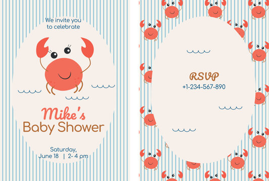 Cute Baby invitation card printable design for birthday party with crab. Sea theme flat design. Funny sea animals hand drawn illustration. Vector baby invite design.
