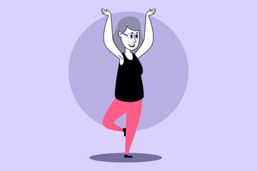 Elderly woman happily practicing balance exercises on one leg with her arms raised in vibrant purple background. Woman focused and engaged in her activity