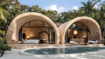 Unique Eco-Friendly Architectural Design of Beachfront Villas Surrounded by Lush Tropical Landscape with Modern Interior Elements and Luxurious Amenities