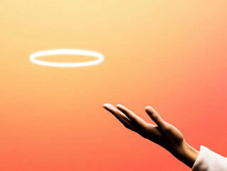 Hand reaching out towards glowing halo against warm gradient background evokes sense of hope