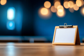 Wooden clipboard with blank sheet stands table, illuminated by soft bokeh lights background