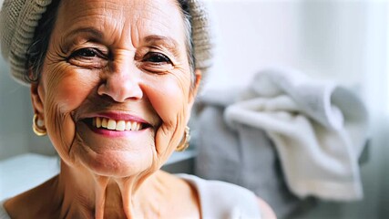 Latin woman smiles with vibrant joy as woman celebrates wrinkled skin, glowing eyes, freedom. Smile expresses joy, smile celebrates aging grace, warm joy glows with pride.
