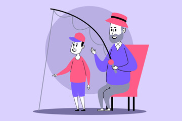 Elderly man sitting on chair holding fishing rod while sharing smile with young boy standing beside him. People enjoying quality time together by water, creating cherished memories