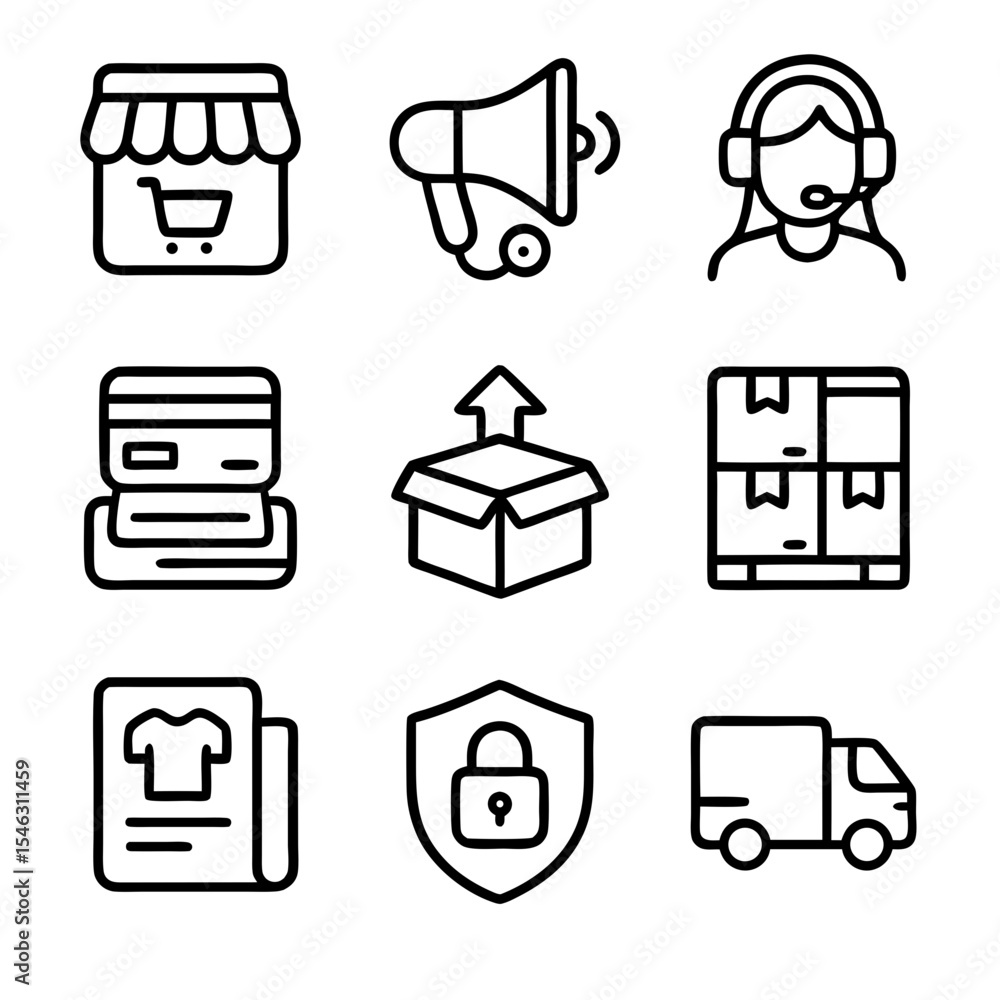 Poster simple outline delivery shop and e-commerce related icon element set