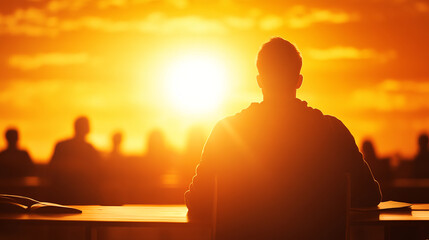 Person sitting in silhouette against vibrant sunset, reflecting on day