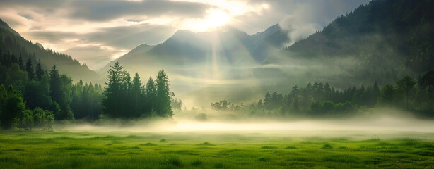 Misty wilderness valley with sunlight breaking through clouds, creating serene atmosphere