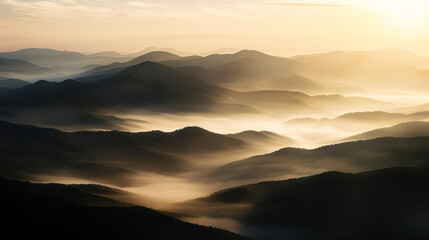 Misty mountain landscape at sunrise with soft light illuminating valleys