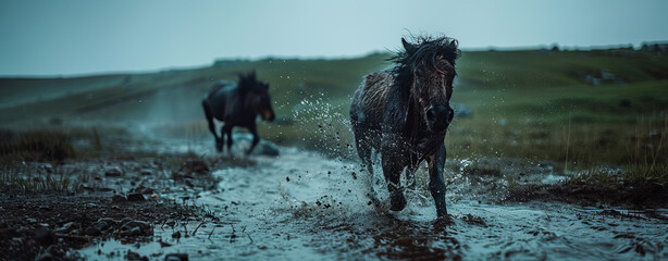 Running horses splashing through water in natural landscape evoke sense of freedom and wildness