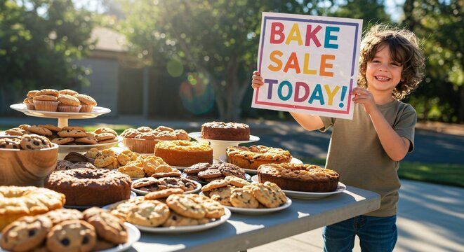 Child Holding a Sign That Says Bake Sale Today on a Sunny Sidewalk