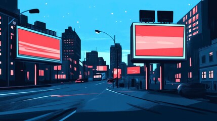 Urban Nightscape with Neon Billboards, City Lights and Modern Skyscrapers, Vibrant Colors, Digital Advertising, Lone Vehicle on Empty Street, Illustrative Artwork