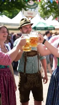 Joyful Oktoberfest Festivities: People in traditional Bavarian clothing raise and clink huge beer steins in a celebratory toast, capturing the spirit of the beer festival.