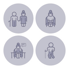 Collection of icons representing various activities related to elderly care, including companionship, crafting, digital communication, and outdoor walking