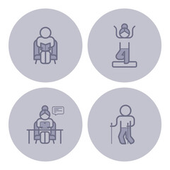 Collection of icons depicting elderly individuals engaged in different activities. Reading, yoga, working on tablet, and walking, highlighting diverse lifestyles