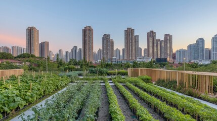 Urban Rooftop Garden Showcasing Lush Vegetables and Herbs with Modern Skyscrapers in Background Under Clear Evening Sky