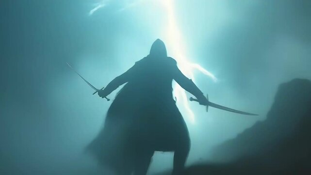 A mysterious, silhouetted figure in a long, dark, hooded cloak stands in a powerful stance, wielding two swords.