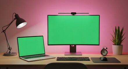 Modern Workspace Setup with Green Screen Monitors and Desk Lamp for Streaming or Video Editing
