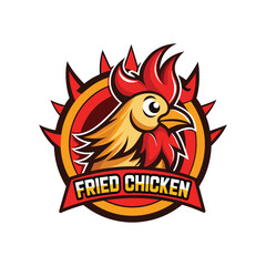 Naklejka premium Fried Chicken Restaurant Logo Design with Rooster and Explosion Effect – Vintage Fast Food Emblem, Spicy Chicken Badge, Retro Style Vector, Hot Wings Branding Template for Grill, BBQ, or Takeaway