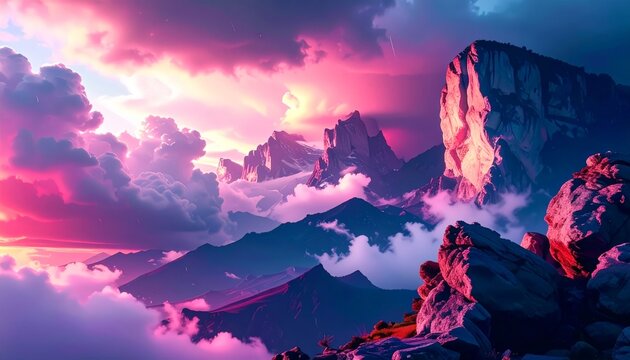 Dramatic mountain landscape with light rain, low clouds, and rugged cliffs evokes peace and wonder.