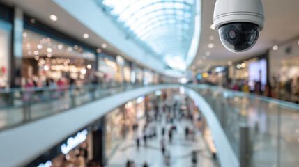 Interior of shopping mall with surveillance camera ensuring public safety crowd movement tracking and retail business observation