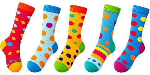 A whimsical set of colorful cartoon socks, playfully designed, isolated on white,  fun,  fun socks