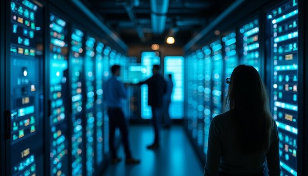"IT Professionals Working in Data Center: Server Racks, Network Infrastructure, and Cloud Computing Operations in a Modern Facility."