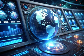 Futuristic Control Panel Displays Holographic Earth Globe, Global Network