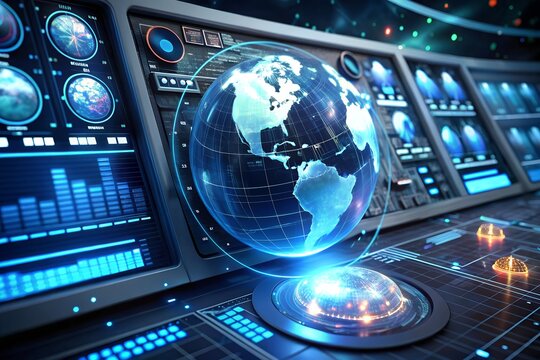 Futuristic Control Panel Displays Holographic Earth Globe, Global Network