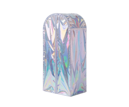 A cutting-edge holographic wardrobe featuring shifting colors, a modern storage solution for future homes and spaces