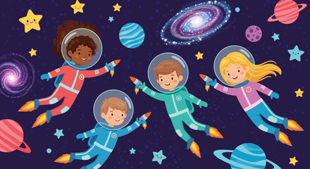 Seamless Pattern of Kids in Space Suits with Rocket Backpacks &ndash; Cute Cartoon Vector Design for Children&rsquo;s Fabric, Wallpaper, and Education Themes
