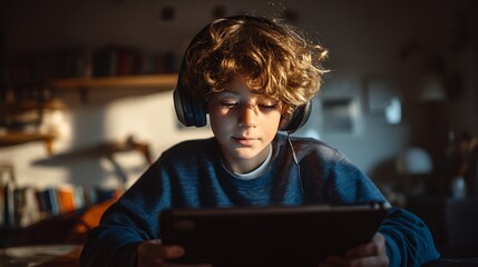 Student learning online at home with a tablet and headphones, focused expression, cozy environment, adapting to digital education, ultra-realistic, no brand, no text 