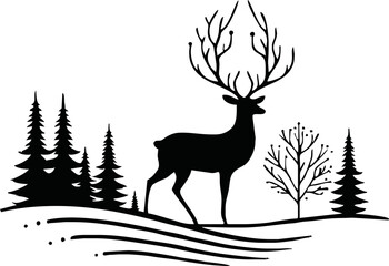 Obraz premium Beautiful silhouettes deer on white background. Winter elements for decor and holiday postcards. Vector illustration