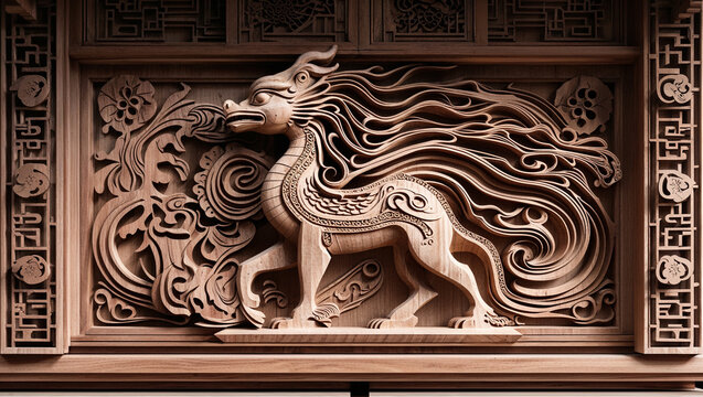 Intricate carved wooden kylin depiction detailed artistic representation of chinese mythological creature