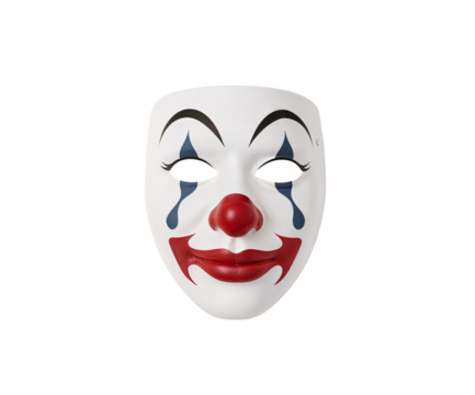 A striking carnival clown mask with a poignant tear design offers a compelling image for various creative and thematic applications