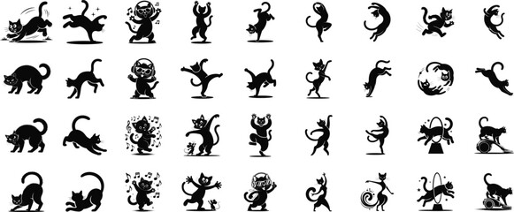 Fototapeta premium Collection of Funny Black Cat Poses and Activities Silhouette