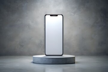 Modern smartphone mockup on gray concrete pedestal against textured wall