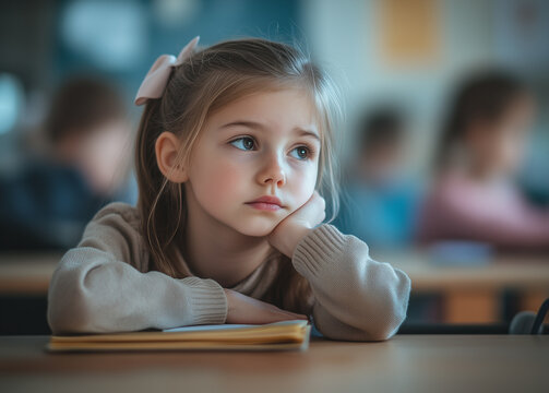 Thoughtful schoolgirl daydreaming in classroom