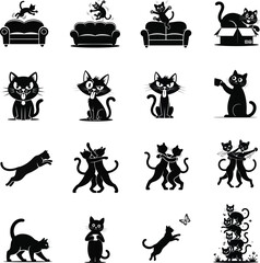 Naklejka premium Collection of Cartoon Black Cat Silhouettes in Various Poses and Activities silhouette