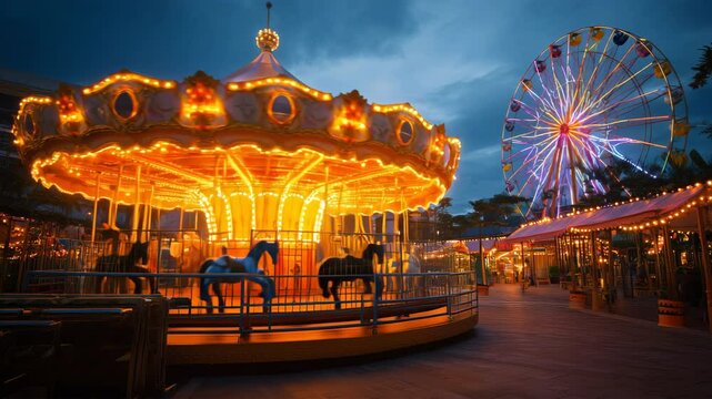 夜の遊園地の観覧車とメリーゴーランド