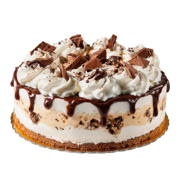 Delicious round ice cream meringue cake with chocolate chips and whipped cream, topped with chocolate sauce and chunks. Perfect for parties and celebrations.