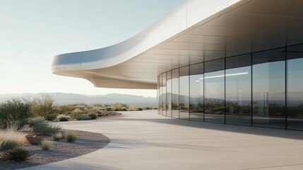 Modern building featuring curved architecture and glass walls reflects desert landscape