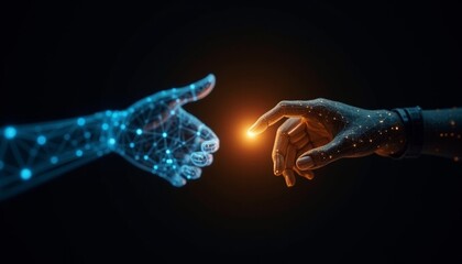 Digital Human-AI Connection: Future Technology Interface: Abstract depictions of human and artificial intelligence hands interacting with glowing light, symbolizing the digital age and technological a