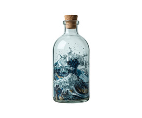 Captivating Corked Bottle Displaying Powerful Ocean Waves Crashing Within a Glass Vessel in Lucid Realism Style