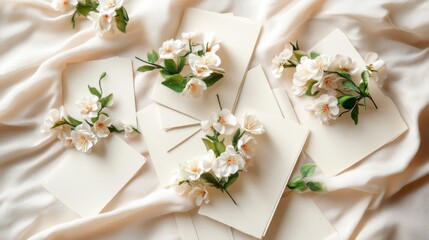 Several blank cards are scattered on a draped fabric each adorned with delicate white flowers and