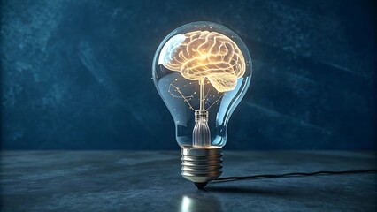 Glowing brain inside light bulb innovative idea concept