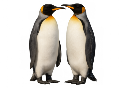 Two emperor penguins are standing close to each other, touching their beaks on a transparent background