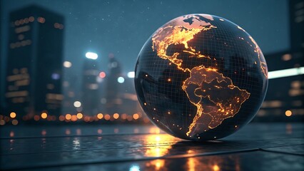 Glowing earth globe at night in modern cityscape background