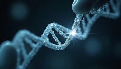 Molecular Biology & Future Genetic Engineering: Capturing hands holding or touching a brightly illuminated DNA model, perfect for pharmaceutical and advanced biological research.